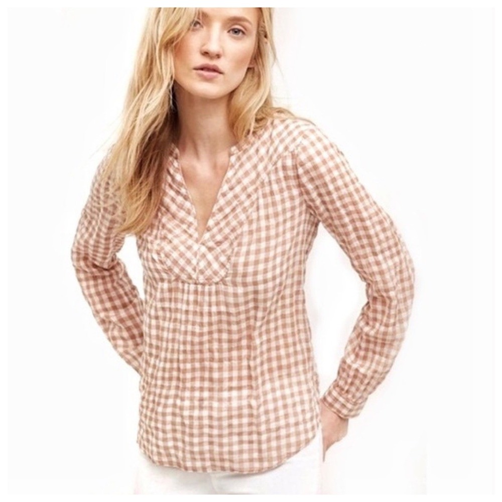Anthropologie Holding Horses Blouse Womens 10 Brown Gingham V-Neck Long Sleeve